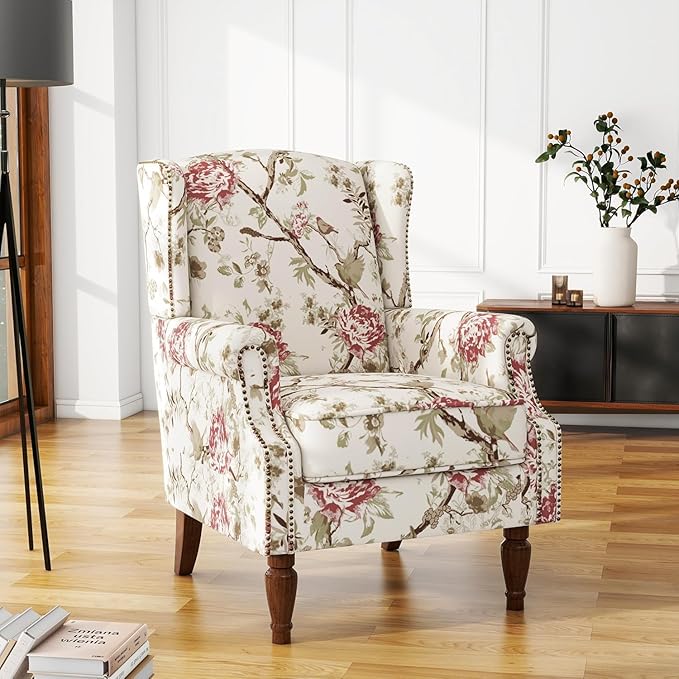 UIXE High Back Accent Chair, Fabric Upholstered Armchair for Living Room, Retro Wingback Arm Chair with Solid Wood Legs, Nailhead Trim Single Sofa Bedroom Reading Seat - Beige Floral