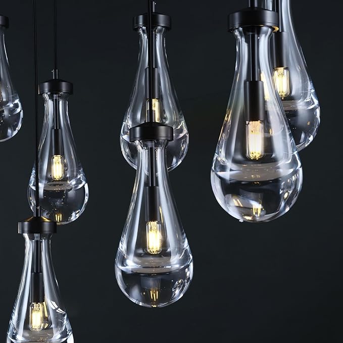 Raindrop 9-Light Chandeliers for Dining Room, Black Dining Room Lights Fixture Over Table, Teardrop Pendant Lights Kitchen Island, Adjustable Rope Hanging Lamp Ceiling for Entryway Foyer