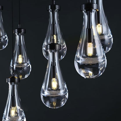 Raindrop 9-Light Chandeliers for Dining Room, Black Dining Room Lights Fixture Over Table, Teardrop Pendant Lights Kitchen Island, Adjustable Rope Hanging Lamp Ceiling for Entryway Foyer