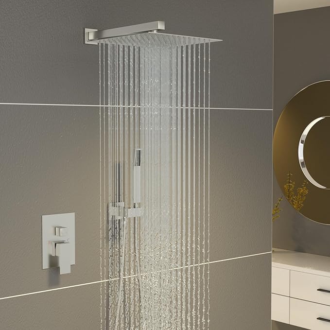 Sarlai Shower Faucet Set Bathroom Square Rainfall Shower Head and Handle Combo Wall Mounted Shower Faucet with Valve 10 Inch Shower Head Trim Systems Brushed Nickel