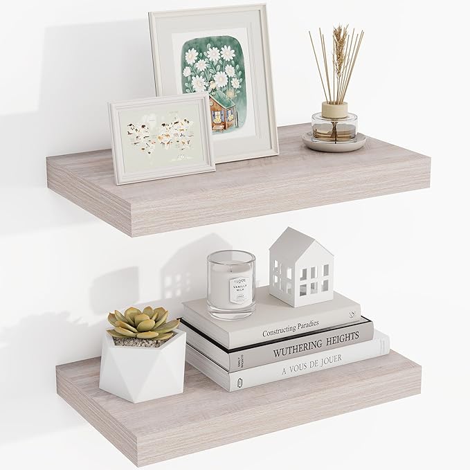 16 Inch Floating Shelves, 3D Textured Wood Grain, 16"x9.25"x1.5" Inch Deep Floating Shelves for Wall, Wooden Shelves for Bathroom, Bedroom, Living Room, Washed White, 2 Pieces