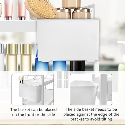 Bathroom Organizer Countertop with Basket & Hooks, 2 Tier Shelf Bathroom Organizers and Storage for Perfume, Cologne, White Countertop Organizer for Vanity, Kitchen, Office or Under Sinks