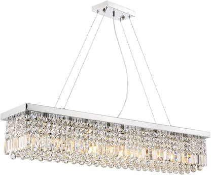 Siljoy Modern Rectangular Crystal Chandelier, 47" Rectangle Raindrop Hanging Ceiling Pendant Light Fixture Adjustable Height for Kitchen Island Dining Room, Polished Chrome Finish, L47 x W10 x H10