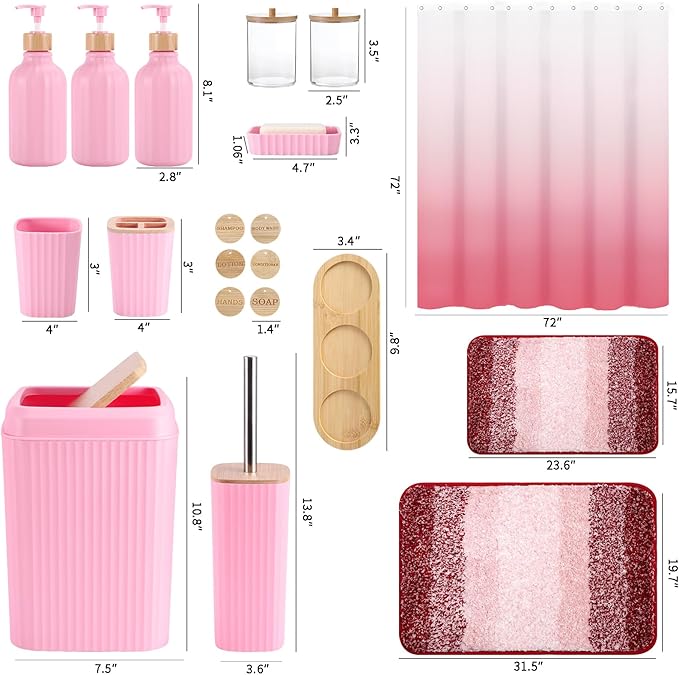 32PCS Pink Bathroom Accessories Set with Shower Curtain,Rugs,3PCS Lotion Soap Dispenser,6PCS Wood Tags Bath Accessories with Tray for Bathroom
