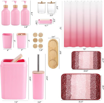 32PCS Pink Bathroom Accessories Set with Shower Curtain,Rugs,3PCS Lotion Soap Dispenser,6PCS Wood Tags Bath Accessories with Tray for Bathroom
