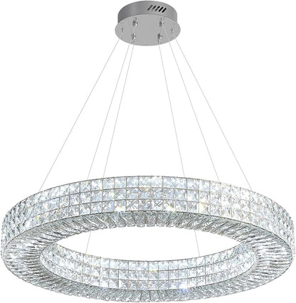 Dia 32" Ring Crystal Chandelier Modern Silver Ring Chandelier Adjustable Height Luxury Crystal Pendant Ceiling Light Fixture for Dining Living Room Bedroom