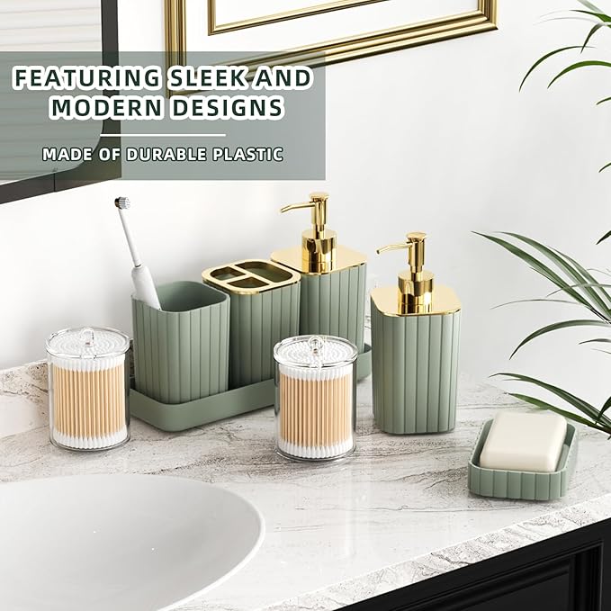 Bathroom Accessories Set - Gorgeous Bathroom Set, 10PC Sage Green Bathroom Accessory Set, Toilet Brush, Trash Can & Soap Dispenser
