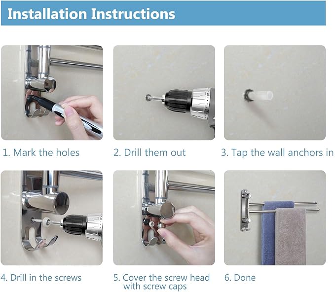 Wall Mounted Towel Rack JSVER 2 Arms Extended Swivel Towel Holder, SUS304 Stainless Steel Towel Racks for Bathroom, Kitchen