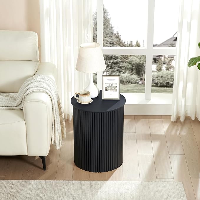AVZEAR Fluted Round Side Table Small Mid Century End Table, 17.7" Fluted Nightstands Modern Circle Bedside Tables, Black Wood Night Stand for Small Spaces, Living Room, Bedroom (Black)