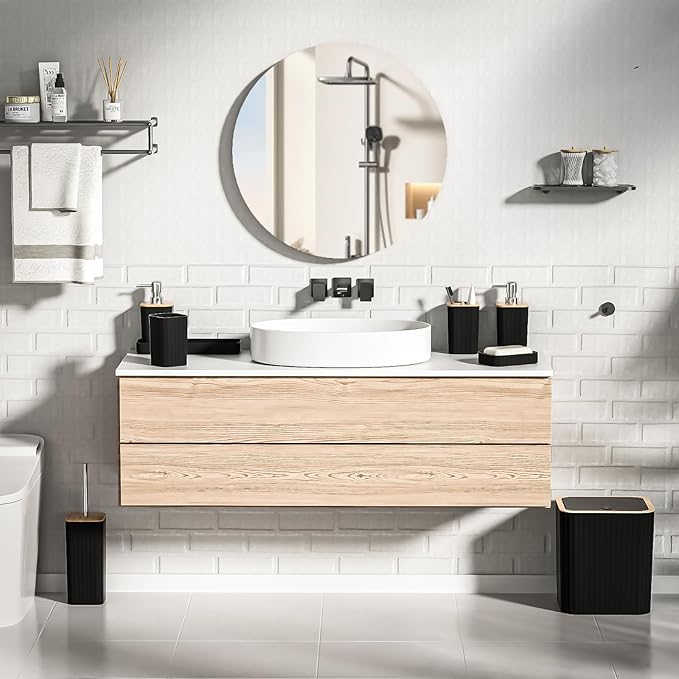 Bathroom Accessories Set - Elegant Black Bathroom Set, 10PC Bathroom Accessory Set, Toilet Brush, Trash Can, Qtip Holder Dispenser & Soap Dispenser