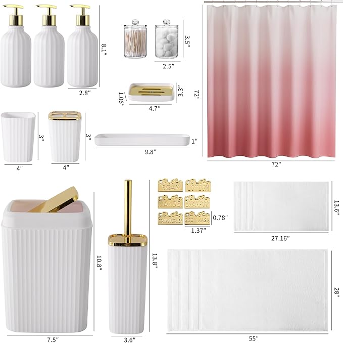 32PCS Bathroom Accessories Set Bathroom Set,White Shower Curtain Set,Bath Towel Set,Hand Towel,Toilet Brush,Trash Can & 3PCS Soap Dispenser