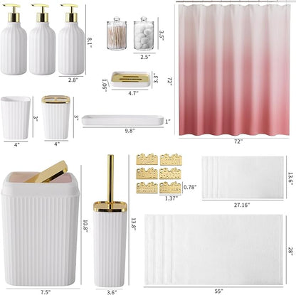 32PCS Bathroom Accessories Set Bathroom Set,White Shower Curtain Set,Bath Towel Set,Hand Towel,Toilet Brush,Trash Can & 3PCS Soap Dispenser