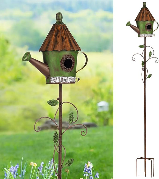 BAYN 57” Bird Houses Stake for Outside, Metal Watering Can Birdhouse Garden Stake Wild Bird Feeder Pole with Welcome Sign Outdoor Decorations for Patio, Backyard, Garden