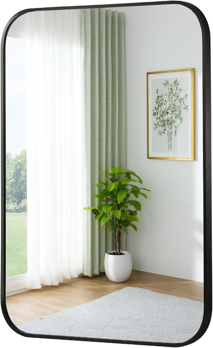 FARMER 24x32 Inch Black Bathroom Mirror, Rectangle Vanity Mirror, Brushed Mirrors for Wall, Metal Frame Hanging Mirror with Round Corner for Bedrooms, Entryways, Living Rooms, Horizontal/Vertical