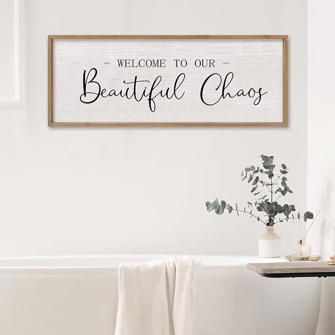 comurdyo Welcome To Our Beautiful Chaos Wall Decor Art 32"X12" for Home Entryway Sign Large Wood Framed Wall Hanging (Wood)