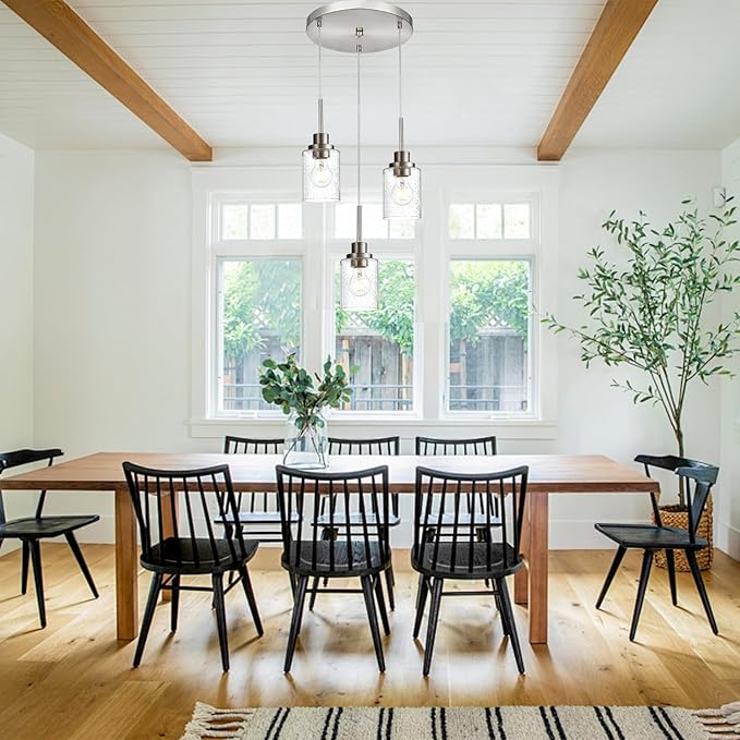 3-Light Contemporary Pendant Lighting with Clear Seeded Glass,Brushed Nickel Dining Room Chandelier Light Fixture Modern Kitchen Island Cluster Hanging Ceiling Pendant Lights for Sink Bar