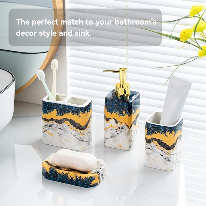 4 Piece Bathroom Accessories Set - Blue Bathroom Accessory Sets Includes Lotion Dispenser, Toothbrush Holder Tumbler, and Soap Dish - Glossy Finish (Marble, Blue)