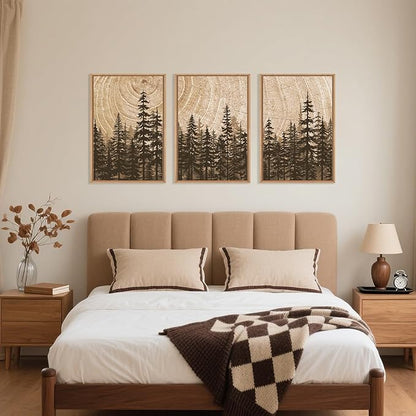 Pine Tree Framed Canvas Wall Art Set, Natural Woodland Landscape Wall Decor, Large Retro Forest Painting, Vintage Brown Artwork for Living Room, Bedroom, Kitchen, Study, Office - 16"x24"x3