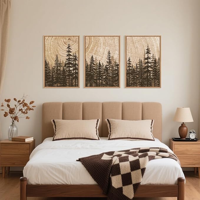 Celestdeco Pine Tree Framed Canvas Wall Art Set, Natural Woodland Landscape Wall Decor, Large Retro Forest Painting, Vintage Brown Artwork for Living Room, Bedroom, Kitchen, Study, Office - 24"x36"x3