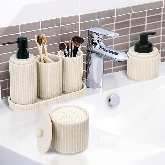 Beige Bathroom Accessory Set - 6 Pcs: Toothbrush Holder, Lotion & Foaming Soap Dispensers, Qtip Holder, Vanity Tray, Bathroom Tumbler - Countertop Organizer