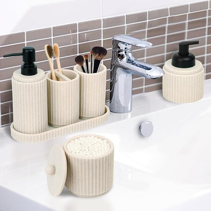 Beige Bathroom Accessory Set - 6 Pcs: Toothbrush Holder, Lotion & Foaming Soap Dispensers, Qtip Holder, Vanity Tray, Bathroom Tumbler - Countertop Organizer