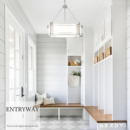 20.4''Drum Chandelier,5-Light Brushed Nickel Modern White Fabric Chandeliers,Farmhouse Round Pendant Light Fixture for Dining Room Kitchen Island Living Room Bedroom Hallway