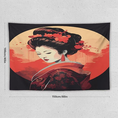 Japanese Woman Geisha Tapestry Asian Cherry Blossom Red Sun Traditional Kimono Folk Tapestries Home Decor for Living Room Bedroom Apartment Farmhouse Dorm 60"x40"