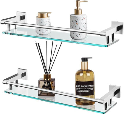 20 Inches Glass Shelf for Bathroom, Brushed Nickel Glass Shelves for Wall with Smooth Stainless Steel Railing, Modern Tempered Glass Organizer Shelf