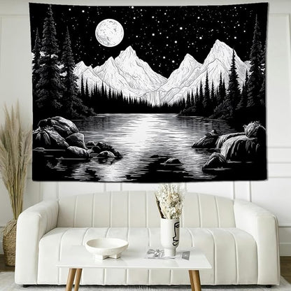 keowhsf Starry Night Mountain Lake Tapestry Black and White Tapestries Aesthetic Moon and Stars Wall Hanging Dark Nature Forest Tapestry for Bedroom Living Room Dorm Decor