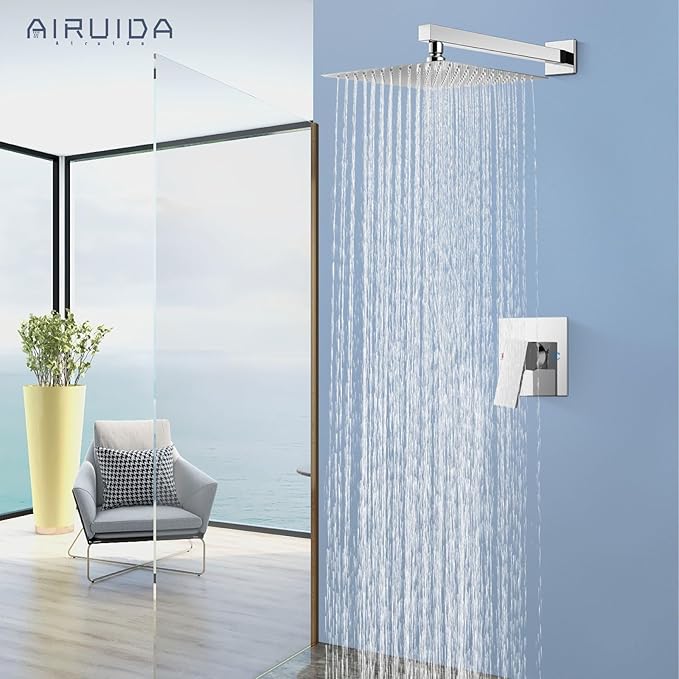 Airuida Shower Faucet Set Bathroom Rain Shower System SUS304 Stainless Steel Single Handle With Male Threads Rough-in Valve Shower Trim Kit 12 Inch Wall Mount Shower Head Chrome Polish