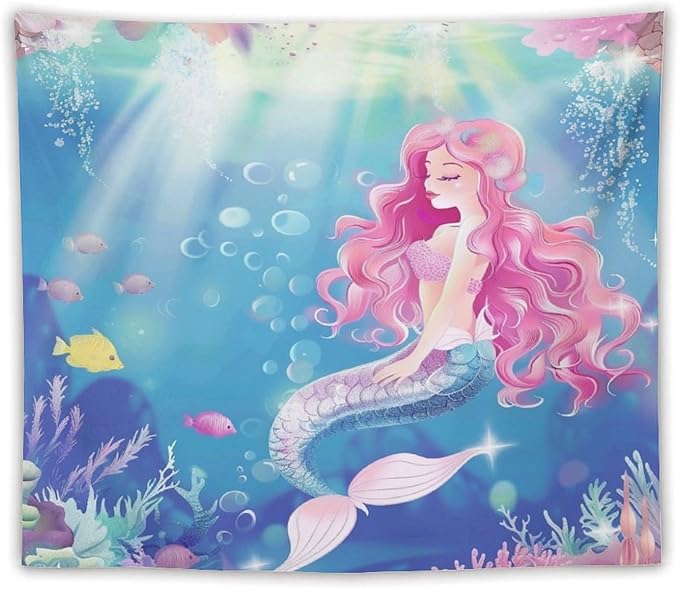 HZOHNAGO Mermaid Girls Tapestry Watercolor Mermaid Princess Pink Hair Pattern for Kids Room Decoration Printed Wall Tapestry Wall Hanging for Bedroom Living Room Dorm 60" W x 50" H