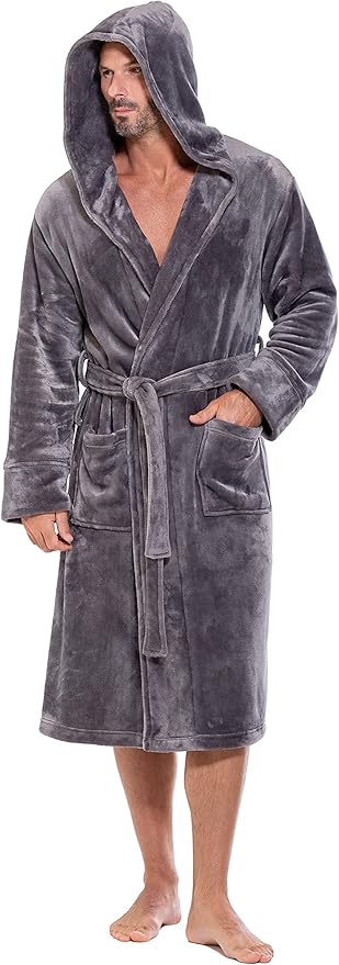 Turquaz Plush Robes For Men, Soft Fuzzy Hooded Mens Bathrobes, Long Comfy Robe For Men
