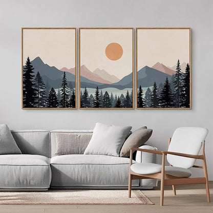 Tinonedraw Boho Mountain Framed Canvas Wall Art Set of 3, Watercolor Nature Landscape Art Prints, Modern Sunrise Art Paintings, Black Pines Tree Forest Wall Decor for Living Room Bedroom Office 16"x24"x3
