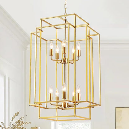 30" Farmhouse Gold Chandelier, 10-Light Foyer Lighting Fixtures, Lantern Tiered Pendant Light Fixtures, Metal Rustic High Ceiling Chandelier for Dining Room Entryway Staircase