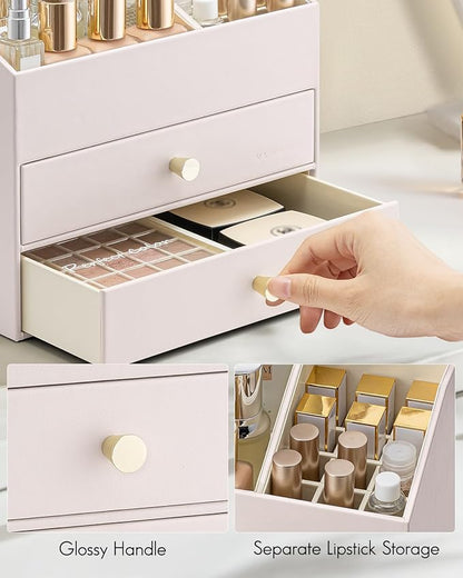 Vlando Makeup Organizer,Skincare Organizer for Vanity，PU Leather Make up Organizer with Drawers Cosmetic Display Case for Countertop,Perfume,Gifts Ideas for Women (Apricot White)