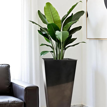 Worth Garden 28" H. Large Metal Glazed Planter Set of 2, Modern Glossy Finish Black Tall Square Tapered Steel Flower Plant Pots for Indoor & Outdoor Use - Insert Plate with Drain Holes, Air Vents