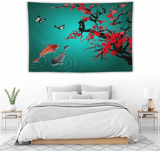 Houselerax Japanese Koi Fish Tapestry, Cherry Blossoms Asian Oriental Green Teal Floral Branch Koi Fish Carp Tapestries Wall Hanging for Bedroom Living Room Office Decor 90"x60"