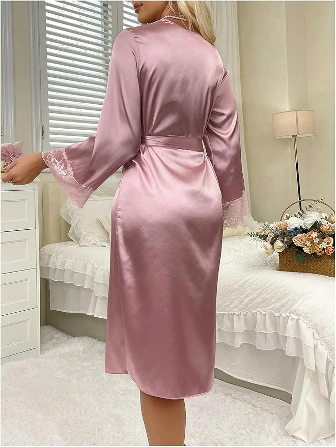 OYOANGLE Womens Silk Robe Long Lace Trim Satin Kimono Sleeve Sexy Soft Lightweight Vacation Sleepwear Robe