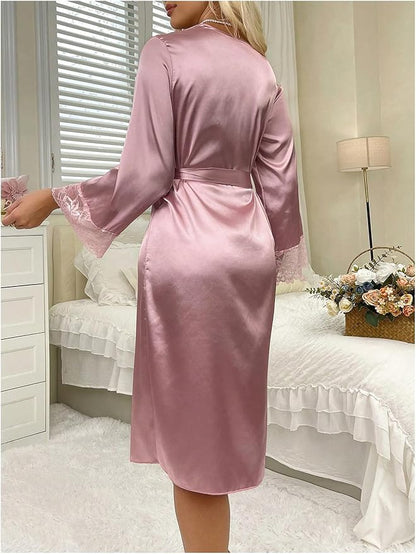 OYOANGLE Womens Silk Robe Long Lace Trim Satin Kimono Sleeve Sexy Soft Lightweight Vacation Sleepwear Robe