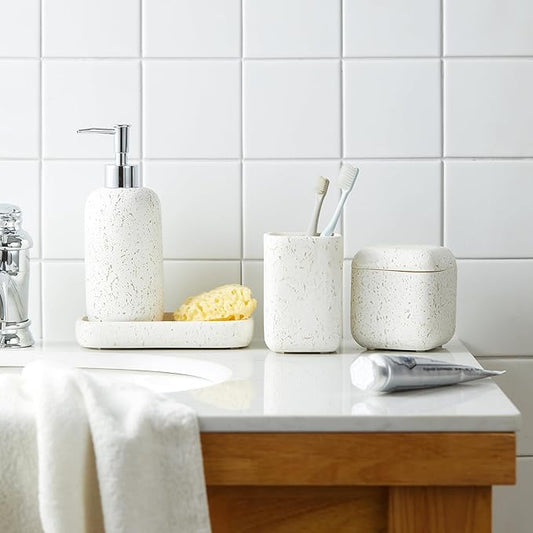 4-Pieces Bathroom Accessory Set Hight Quality Polyresin Ensemble-Lotion Dispenser/Toothbrush Holder/Cotton Jar/Soap Dish, Cream Color