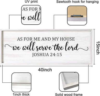 As For Me And My House We Will Serve The Lord Framed Wall Art, 40''×15'' Positive Religious Rustic Bible Verse for Christian God Jesus Christ Prayer, Vintage Horizontal Holy Catholic Scripture Decor