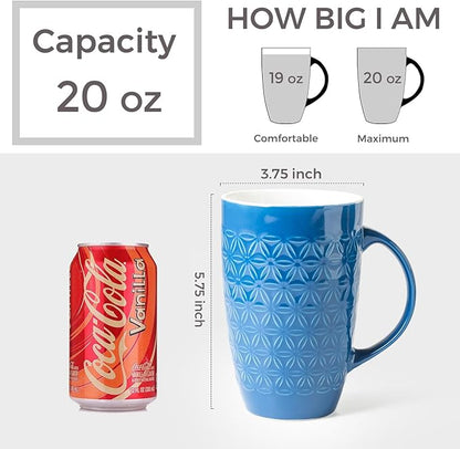 AmorArc Extra Large Coffee Mugs Set of 6, 20oz Ceramic Tall Coffee Mugs Set with Textured Geometric Patterns for Latte/Tea/Beer/Hot Cocoa, Dishwasher & Microwave Safe, Blue