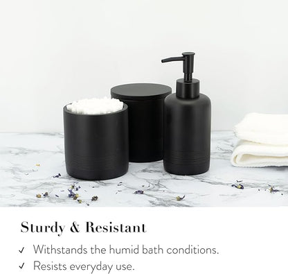 ZCCZ Black Matte Bathroom Accessories Set 6 Pieces - Toothbrush Holder, Lotion Dispenser, Qtip Container, Vanity Tray, Tumbler - Countertop Organizer for Bathrooms - Elegant and Functional Décor Set