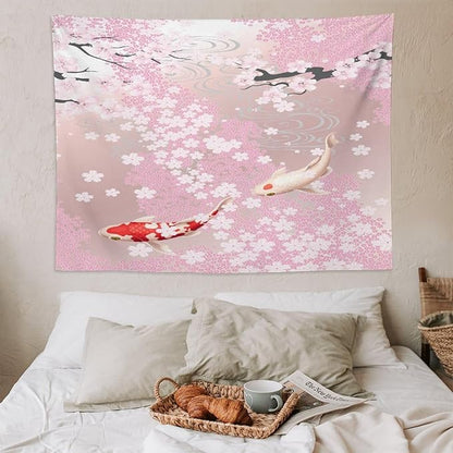 Houselerax Japanese Koi Fish Tapestry, Cherry Blossoms Asian Oriental Pink Flower Branch Koi Fish Carp Tapestries Wall Hanging for Bedroom Living Room Office Decor 80"x60"