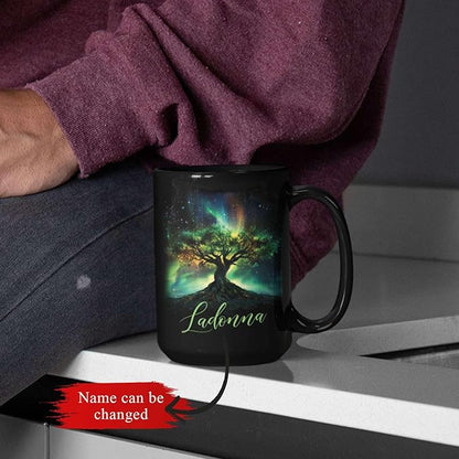 Custom Unique Name Coffee Cup, Customized Mystical Nature Inspired Mug 11oz 15oz, Personalized Enchanted Tree With Northern Lights Ceramic Cup, Nature Black Mug, Gift For Women Men