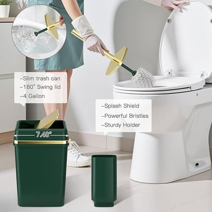 9PCS Bathroom Accessory Set, Dark Green Bathroom Set with Large-Capacity 4 Gallon Trash Can, Bathroom Accessories Set Complete, Toothbrush Holder, Soap Dispenser, Toilet Brush, Bathroom Decor