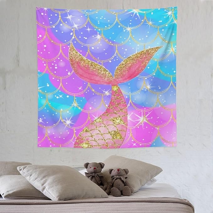 HZOHNAGO Mermaid Scales Tapestry Colorful Shiny Scales Mermaid Tail Pattern Printed Wall Tapestry Wall Hanging for Bedroom Living Room Dorm 60" W x 60" H