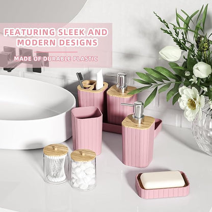 Bathroom Accessories Set - Elegant Pink Bathroom Set, 10PC Bathroom Accessory Set, Toilet Brush, Bathroom Trash Can