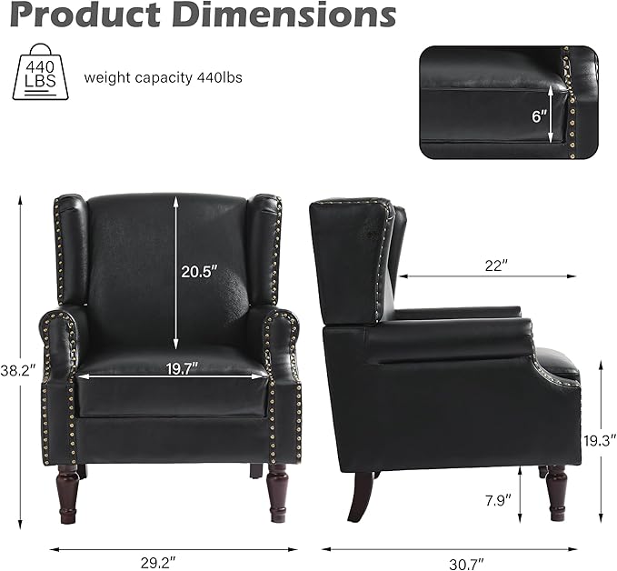 UIXE Faux Leather High Back Accent Chairs Set of 2, Upholstered Armchair for Living Room, Retro Wingback Arm Chair Nailhead Trim Single Sofa Bedroom Reading Seat with Solid Wood Legs - Black