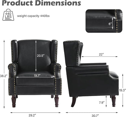 UIXE Faux Leather High Back Accent Chairs Set of 2, Upholstered Armchair for Living Room, Retro Wingback Arm Chair Nailhead Trim Single Sofa Bedroom Reading Seat with Solid Wood Legs - Black